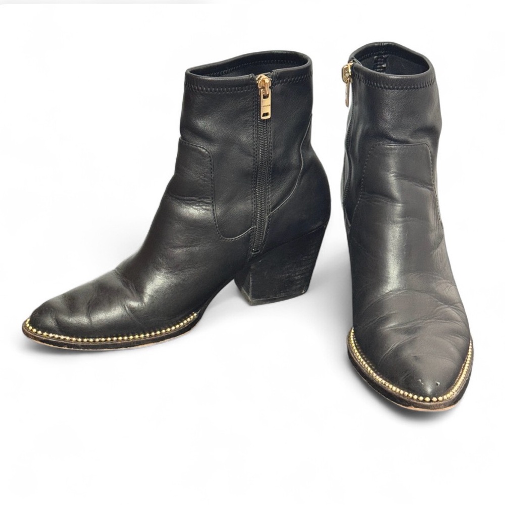 Coach Black Leather Ankle Booties Pointed Toe Block Heel Stud Sz 8.5 Mob Wife - Picture 2 of 12